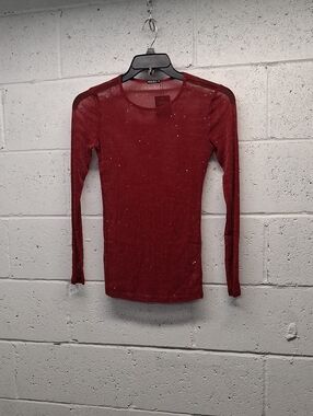 NWT Womens Allchic Sheer Long-Sleeve Sparkle Top - Red